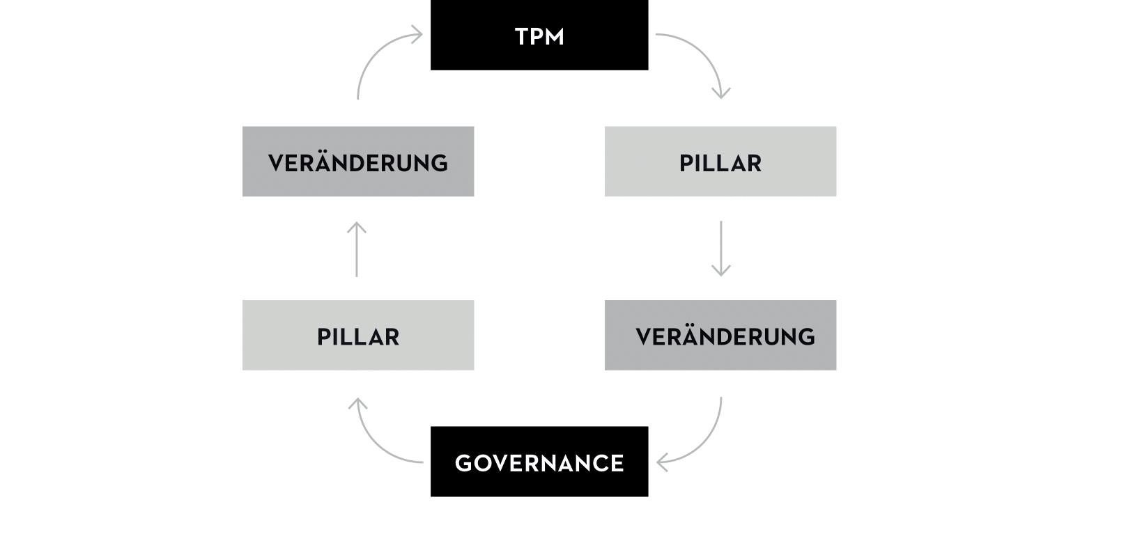 flow diagram showing Cyclic process between TPM to PILLAR to CHANGE to GOVERENCE to PILLAR to CHANGE to TPM